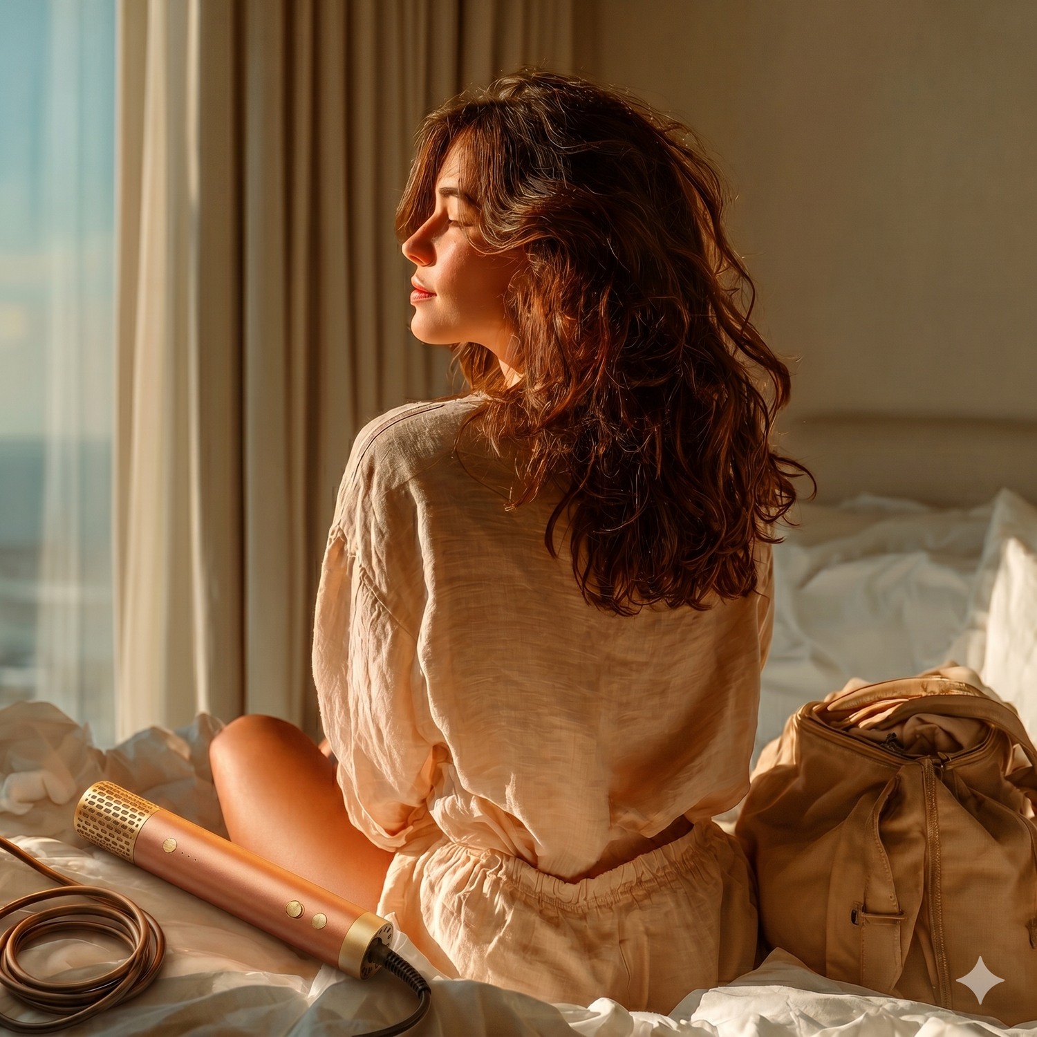 Woman sitting on a bed beside a packed travel bag with a compact hair styling tool