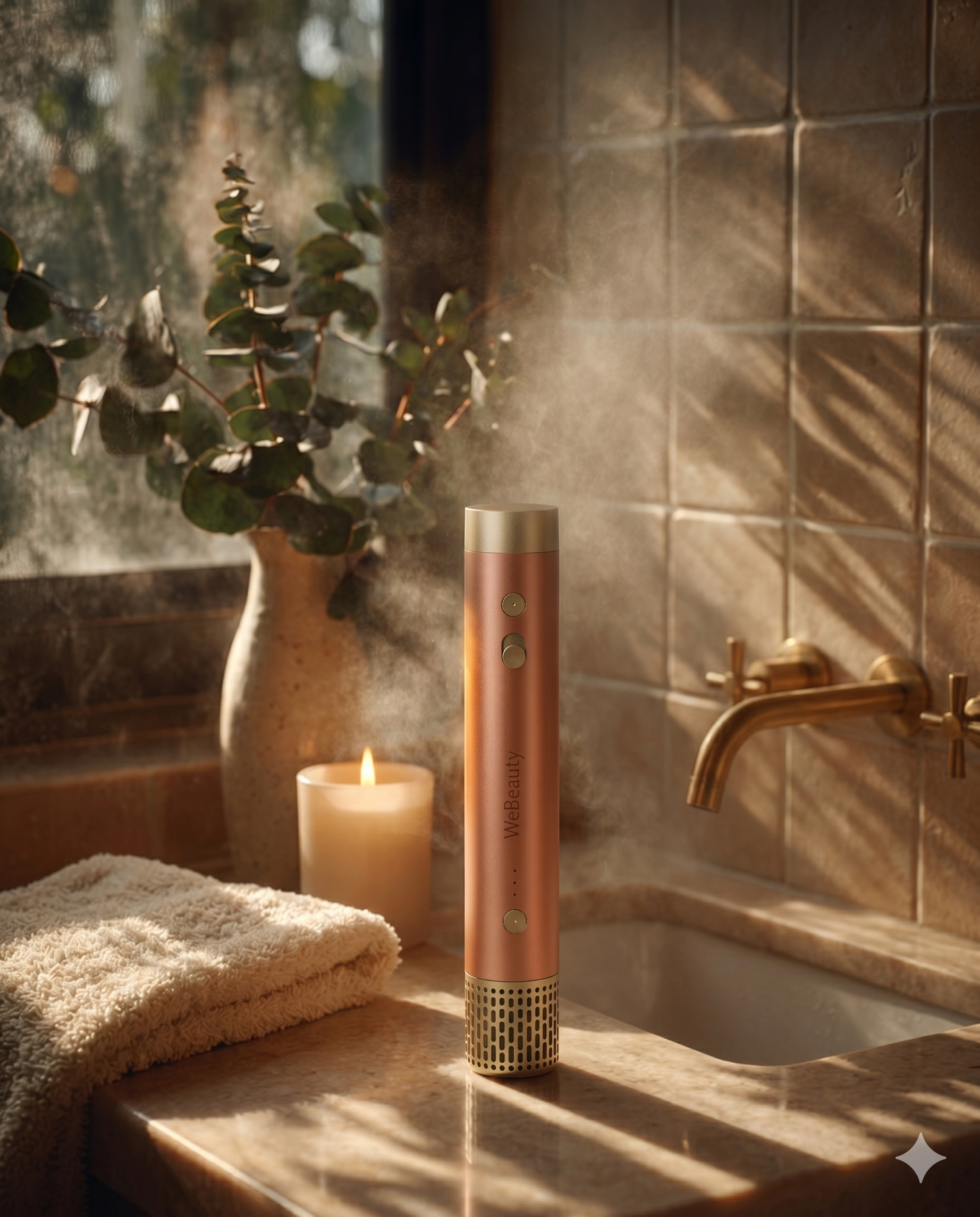 Hair styling tool on a steamy bathroom counter beside a candle and towel