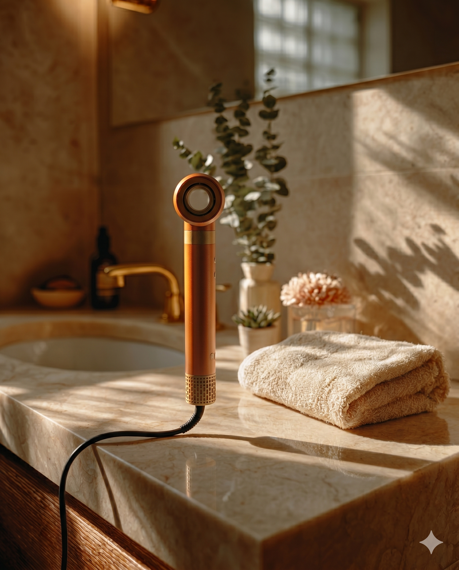Hair dryer brush resting on a bathroom vanity counter beside folded towels