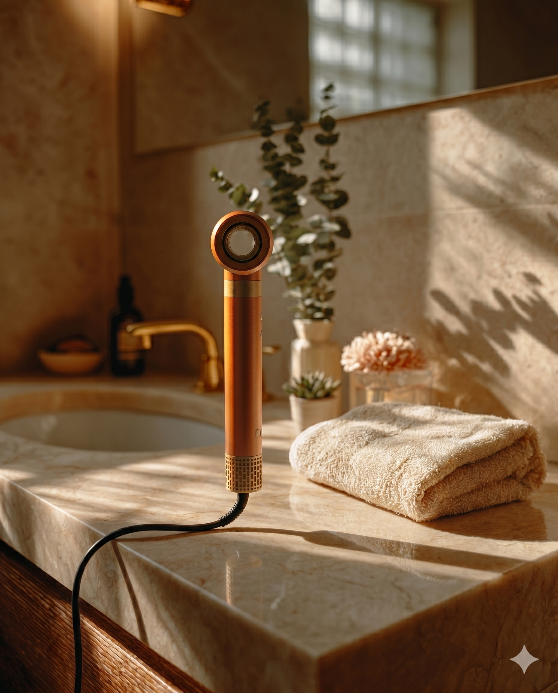 Hair dryer brush resting on a bathroom vanity counter beside folded towels
