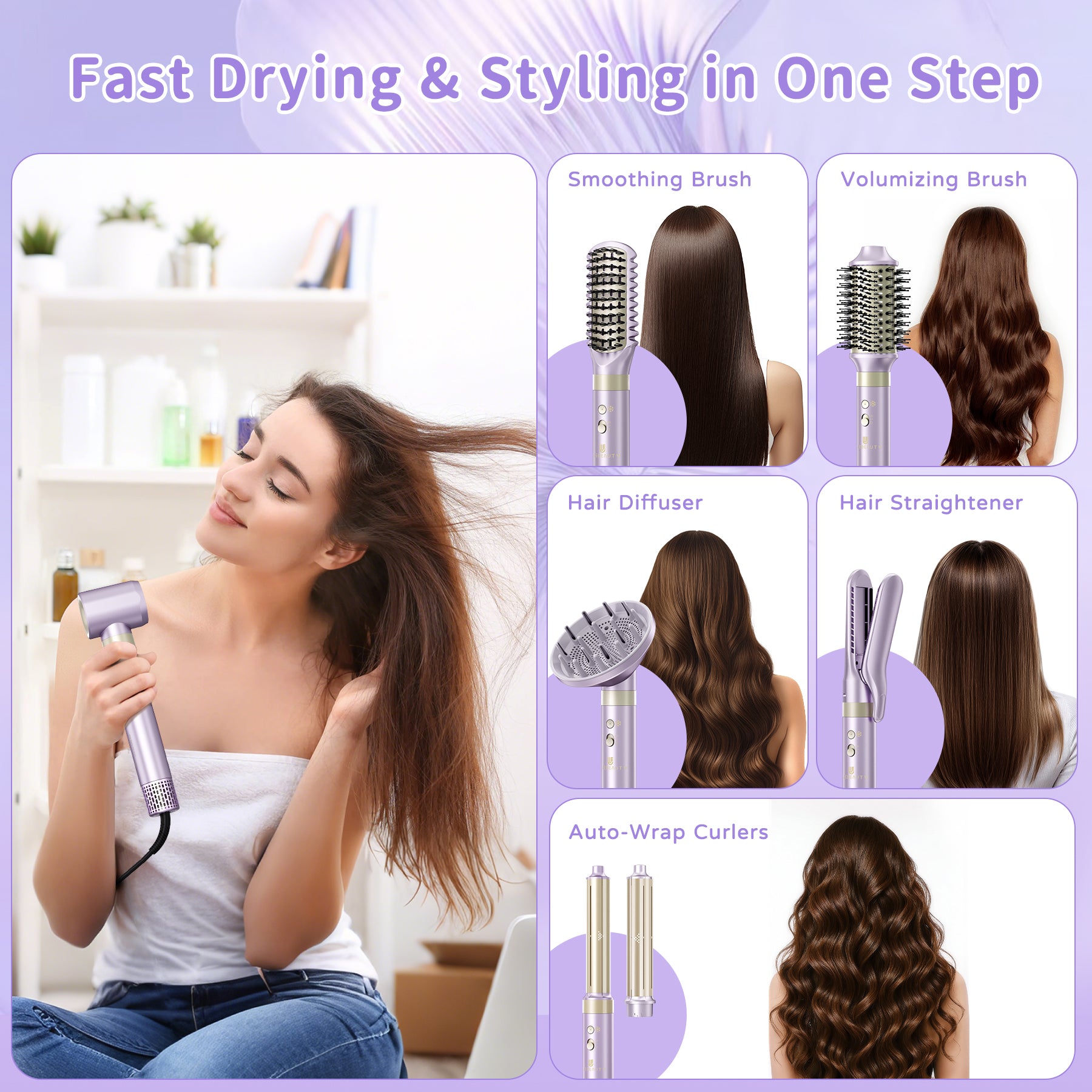 Hair Dryer Brush 8-in-1 Dual Voltage Hot Air Styler
