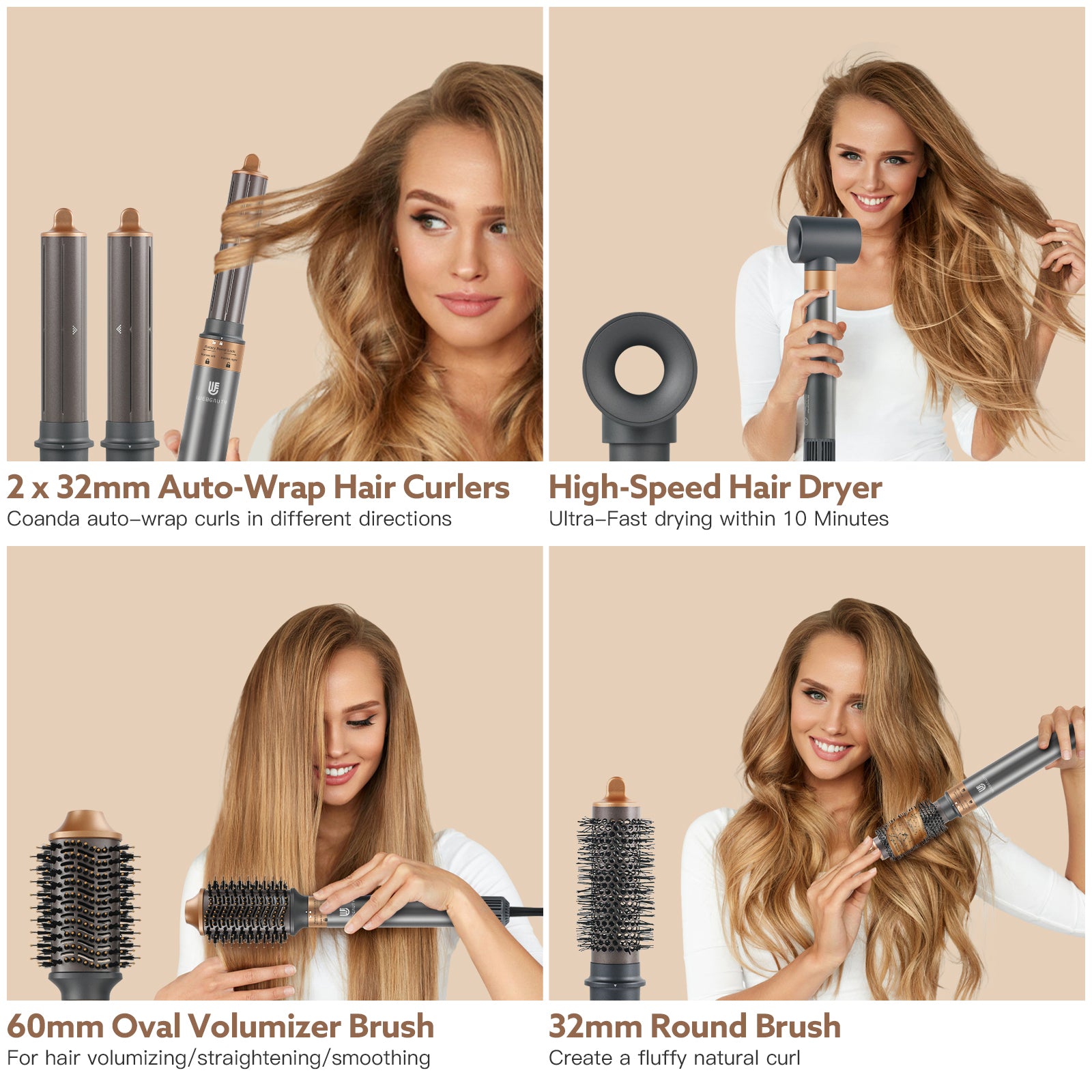 All in One Curling Iron Set with Temperature Control Webeauty 5 in 1 Hair Styler Tools Champagne webeauty